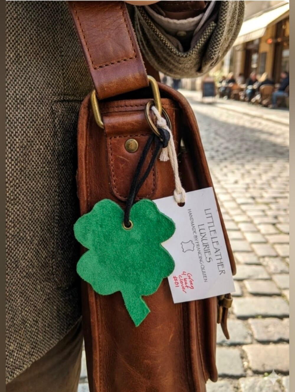Handmade Genuine Suede Leather Four Leaf Clover Bag Charm Green #01